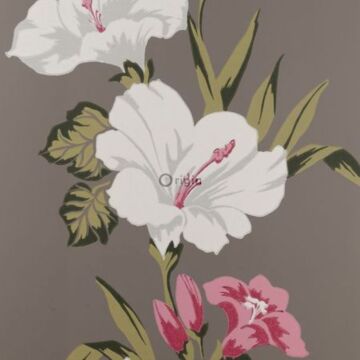 carta da parati hibiscus grigio talpa e viola melanzana