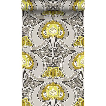 carta da parati motivo floreale art nouveau giallo ocra e grigio