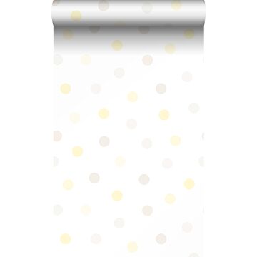 carta da parati puntini pois polka dots giallo pastello chiaro, grigio caldo chiaro e beige crema chiaro