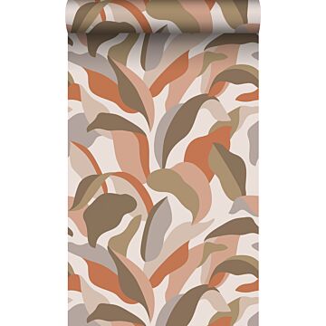 carta da parati tessuto non tessuto struttura eco foglie tropicali terracotta, rosa e beige