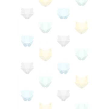 fotomurale teste animali origami verde menta pastello chiaro, blu celeste pastello chiaro, giallo pastello chiaro, grigio caldo chiaro e bianco opaco